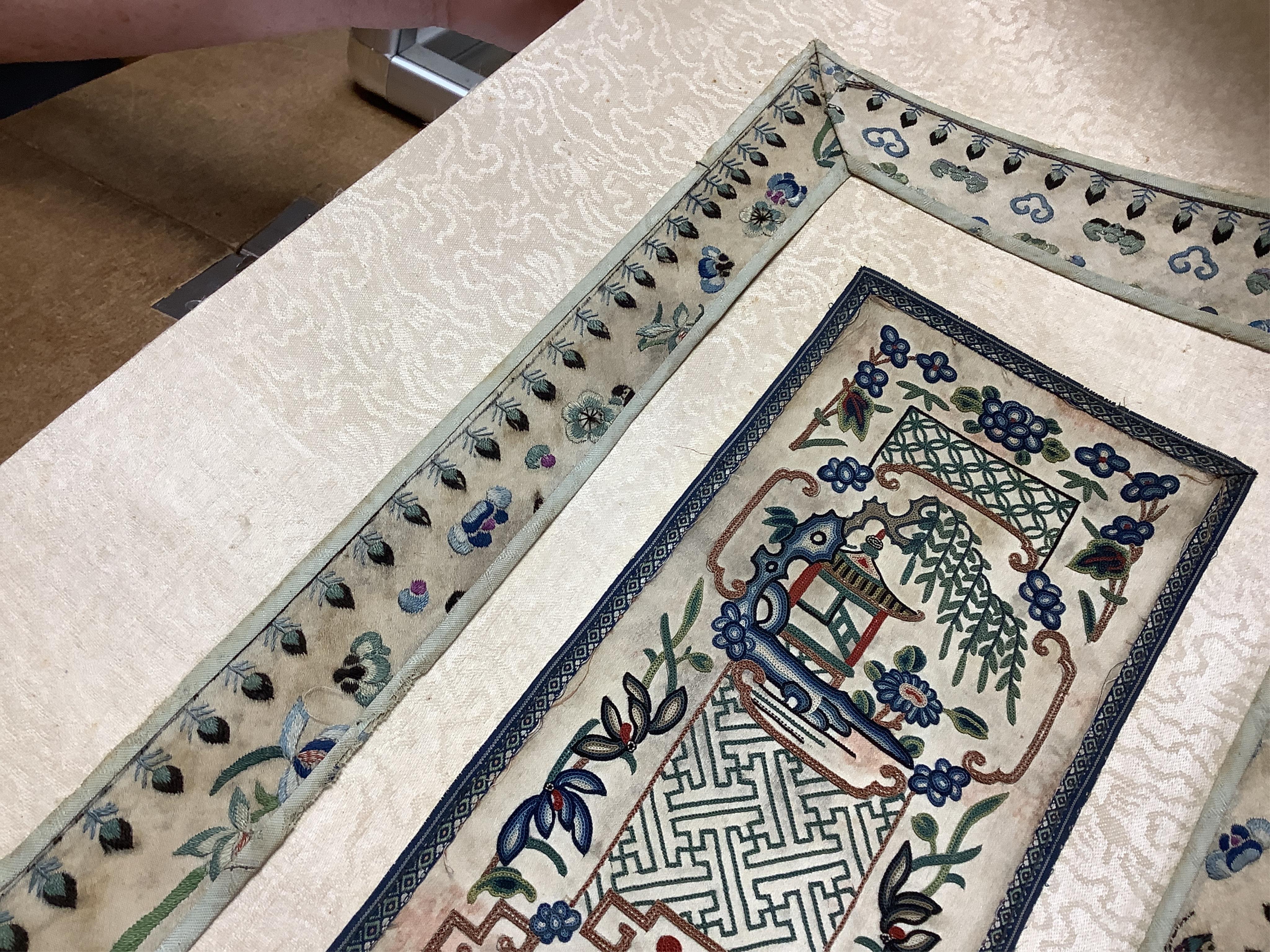A pair of Chinese silk embroideries, in scroll form